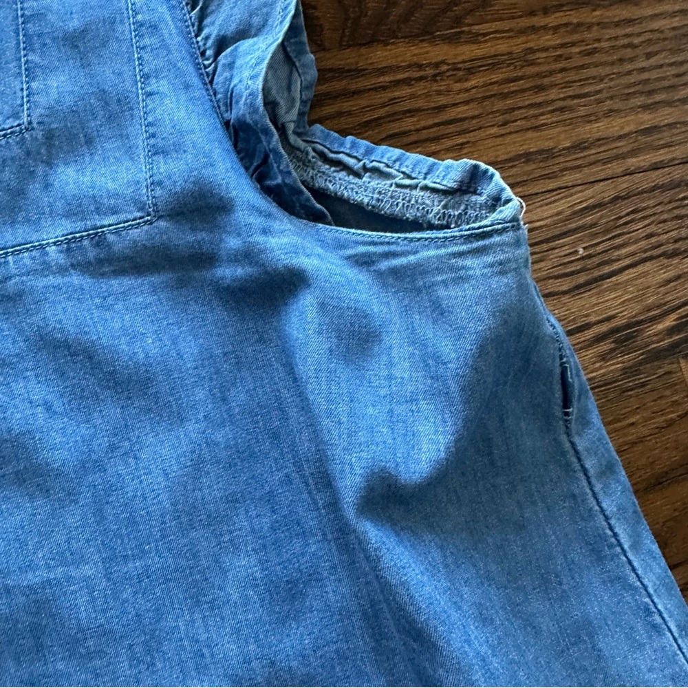 LOFT Blue Denim Chambray Mini Summer Shift Dress with ruffle sleeves & tassels - Picture 6 of 16